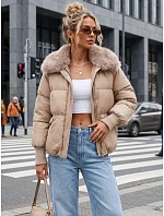 Dámská zimní prošívaná bunda s kožešinou, béžová, FashionStreet TY5816