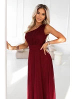 656-1 Dlouhé třpytivé večerní šaty na jedno rameno - vínové