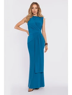 M913 Draped maxi šaty s ohraničeným pasem a panelem - oceánsky modré