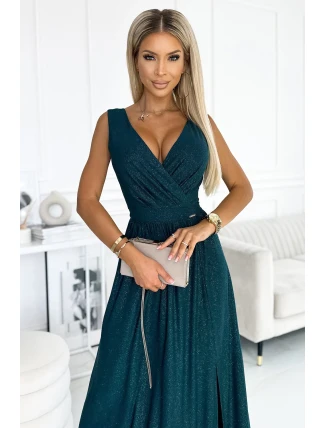 467-1 LOUISE brokátové dlouhé šaty s výstřihem a rozparkem na nohou - BUTTER GREEN