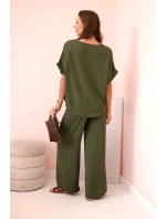 Dámský komplet z viskózy s ozdobným květem a širokými kalhotami - khaki