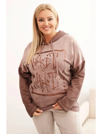 Dámská mikina Plus Size s kapucí a potiskem hnědá