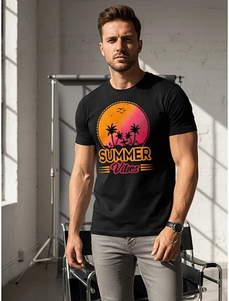 Pánské bavlněné tričko s potiskem Summer Vibes černé FashionStreet NX047R Pánské bavlněné tričko s potiskem Summer Vibes černé FashionStreet NX047R