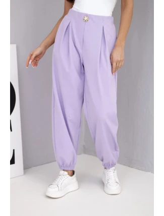 Dámské bavlněné kalhoty s vysokým pasem a ozdobným knoflíkem světle fialové