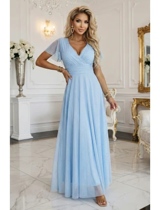 635-6 MELANIA dlouhé třpytivé svatební šaty s výstřihem a krátkými rukávy - modré