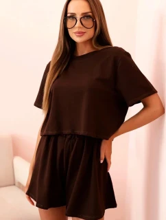 Dámský bavlněný komplet s širokými šortkami hnědý