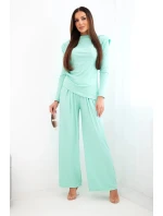 Dámská bavlněná souprava s halenkou a kalhotami s širokými nohavicemi mátová