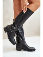 Dámské Kozačky Pod Kolena Na Plochém Podpatku S Přezkami Černé Lotina