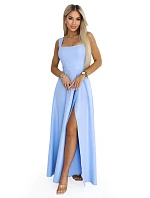 633-4 Dlouhé svatební šaty AURELIA s rozparkem a výstřihem - modré s třpytkami