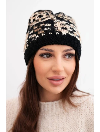 Dámská zimní čepice s barevným vláknem a silným lemem K355 černý+béžový
