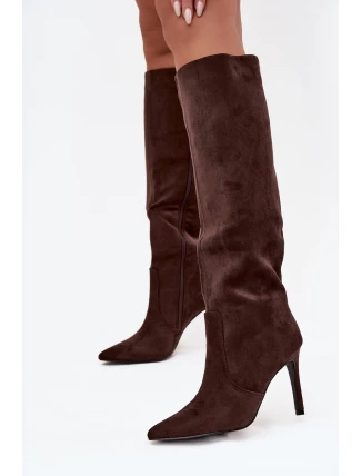 Zateplené dámské kozačky na jehlovém podpatku z eko semiše čokoládové Rosavine Zateplené dámské kozačky na jehlovém podpatku z eko semiše čokoládové Rosavine