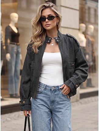 Krátká dámská bomberová bunda s vysokým stojáčkem, černá, FashionStreet TY5847