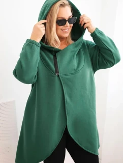 Dámská mikina Plus Size zateplená s kapucí a asymetrickým zipem tmavě zelená