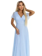 635-6 MELANIA dlouhé třpytivé svatební šaty s výstřihem a krátkými rukávy - modré