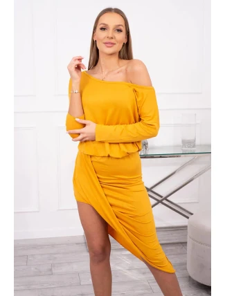 Asymetrické šaty, 3/4 rukávy, hořčicová barva Asymetrické šaty, 3/4 rukávy, hořčicová barva
