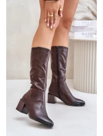 Zateplené kozačky na podpatku z eko kůže do poloviny lýtek hnědé Ellithira