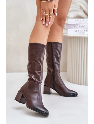 Zateplené kozačky na podpatku z eko kůže do poloviny lýtek hnědé Ellithira