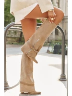 Dámské kozačky nad koleno na sloupkovém podpatku s ozdobným páskem Jolivine – béžové