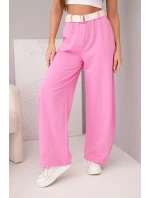 Dámské bavlněné kalhoty se širokou nohavicí a páskem cukrově růžová