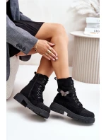 Zateplené kotníkové boty s ozdobou Černé S.Barski HY42-281