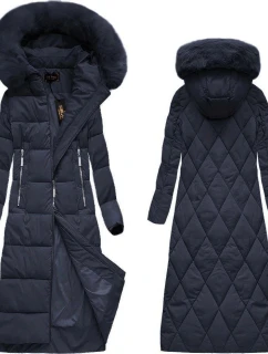 Tmavě modrá dlouhá dámská zimní bunda s kapucí (7688BIG)