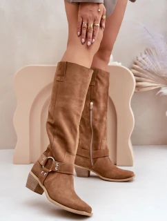 Semišové kozačky na nízkém podpatku s holeněmi nad kolenem Zazoo 3444/O Camel