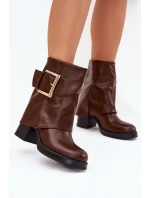 Dámské Zateplené Boty Na Podpatku Se Zlatou Sponou Hnědé Milira