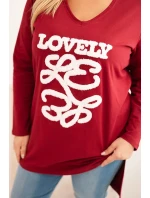 Dámská blůza Plus Size bavlněná s nápisem a V výstřihem bordó