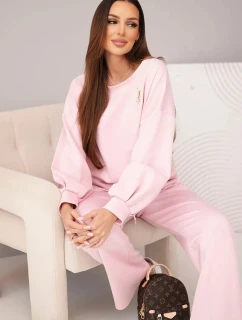 Dámský komplet máslová mikina s broží a kalhoty s rovnou nohavicí tmavě pudrově růžová