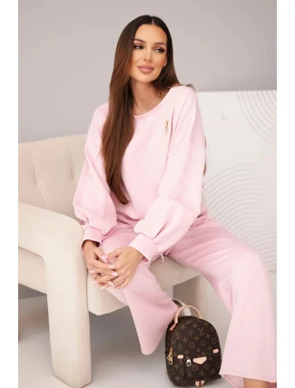 Dámský komplet máslová mikina s broží a kalhoty s rovnou nohavicí tmavě pudrově růžová