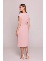 S411 Šaty bez rukávů s volánkovým výstřihem - pudrové