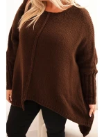 Dámský svetr Plus Size z akrylu s volným střihem a rukávem 3/4 hnědý