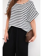 Dámská viskózová souprava s pruhovanou blůzou a širokými kalhotami s gumou černý