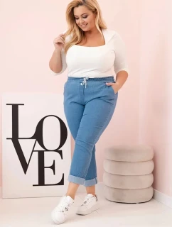 Dámské bavlněné kalhoty Plus Size s elastickým pasem a zavazováním světlý denim