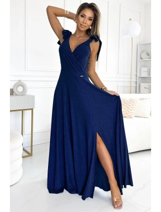 405-5 ELENA Dlouhé šaty se srdcovým výstřihem a zavazováním na ramenou - GRANITE WITH BROKER