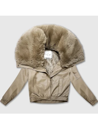 Kožená bunda v teplé béžové barvě s velkým kožešinovým límcem Glakate (LU98090#)
