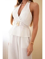 Dámský viskózový komplet vázaný top a kalhoty se širokými nohavicemi ecru