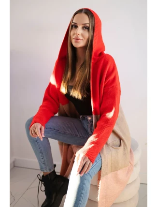 Pruhovaný svetr s kapucí červená+velbloudí+pudrově růžová