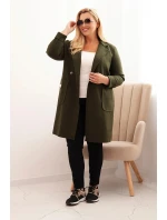 Dámský elegantní plášť Plus Size s límcem a velkými kapsami khaki