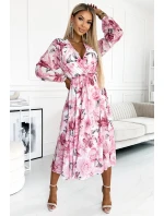 472-1 Šifonové midi šaty s dlouhými rukávy a výstřihem - světle růžové KVĚTY na bílém pozadí