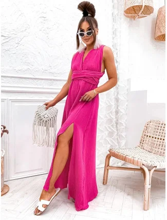 Mušelínové dámské šaty ve fuchsijové barvě se zavazovacím výstřihem (8298) Mušelínové dámské šaty ve fuchsijové barvě se zavazovacím výstřihem (8298)