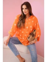 Lněná dámská halenka s květinovým vzorem, dlouhými rukávy a knoflíky Oranžová
