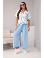 Dámská souprava viskózová košile s uvazováním a kalhoty s gumou modrý