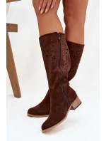Otevřené dámské vysoké boty na kostku čokoládové Helinna Otevřené dámské vysoké boty na kostku čokoládové Helinna
