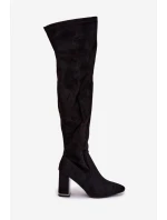 Dámské kozačky z eko-semiše nad kolena na sloupku – černé Thamine