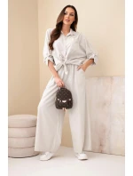Dámský bavlněný komplet s vázanou košilí a širokou nohavicí béžový