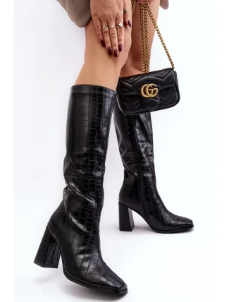 Dámské kozačky na vysokém podpatku s ozdobným ražením, černá Vabaria