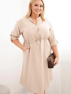 Dámská šaty z viskózy Plus Size s knoflíky a vázáním v pase béžová