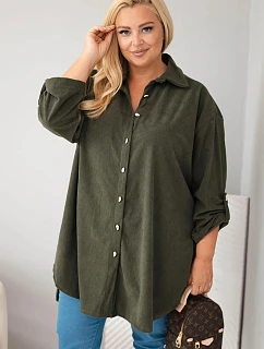 Dámská košile Plus Size z viskózy manšestrová s odepínacími rukávy khaki