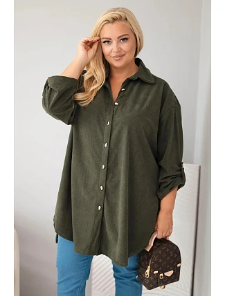 Dámská košile Plus Size z viskózy manšestrová s odepínacími rukávy khaki Dámská košile Plus Size z viskózy manšestrová s odepínacími rukávy khaki